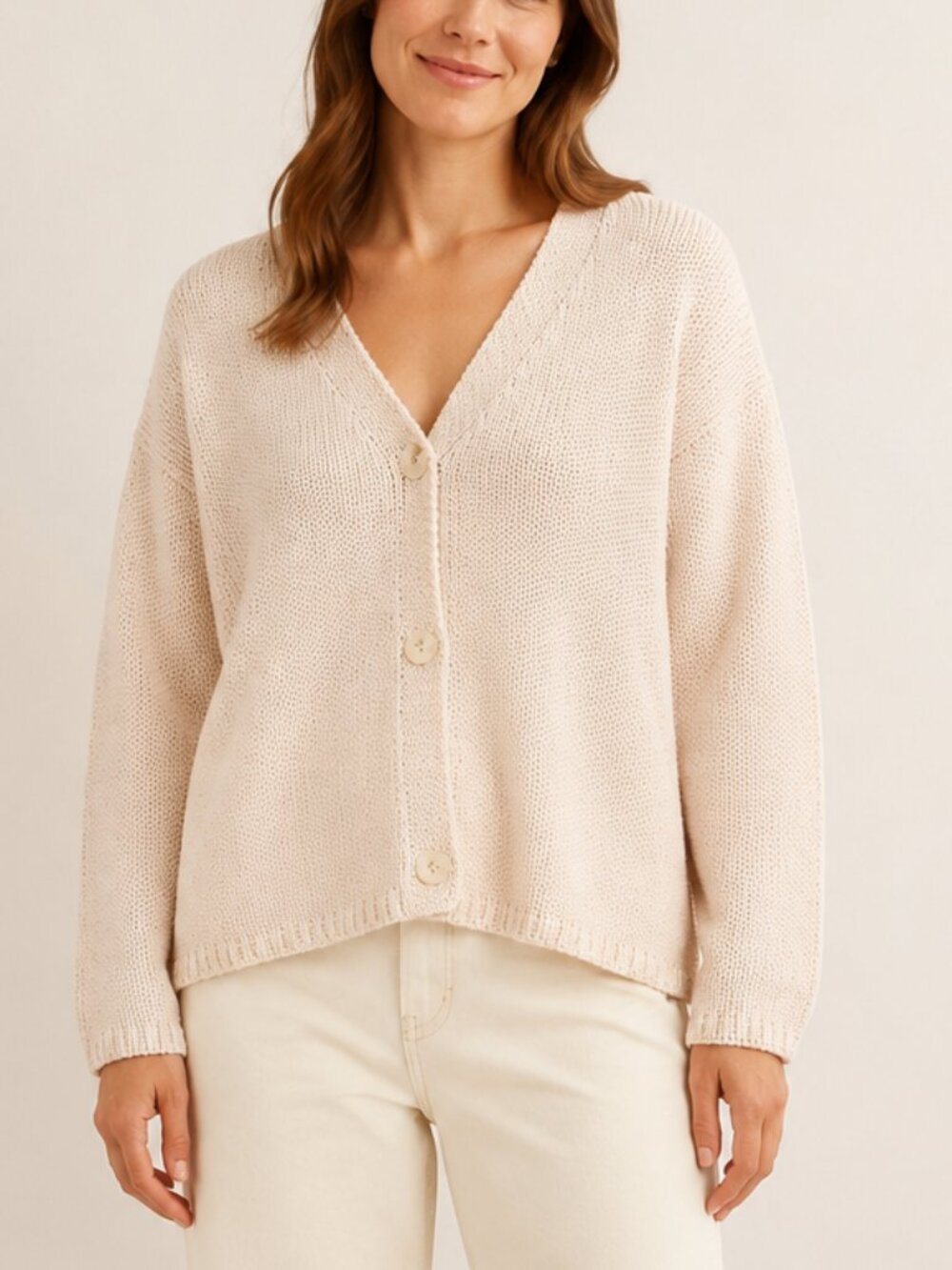 NWT The White Company Cotton V-Neck Knit Cardigan Tan Size Large